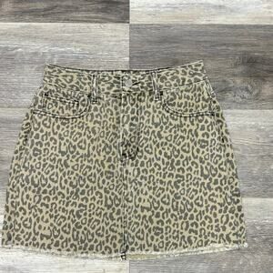 Pacsun Tan Black Womens 26 Pockets‎ Raw Hem Leopard Print Denim Jean Skirt Mini